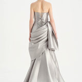 Waistband Bow-Detailed Pleated Draped Taffeta Evening Dress - 26085C