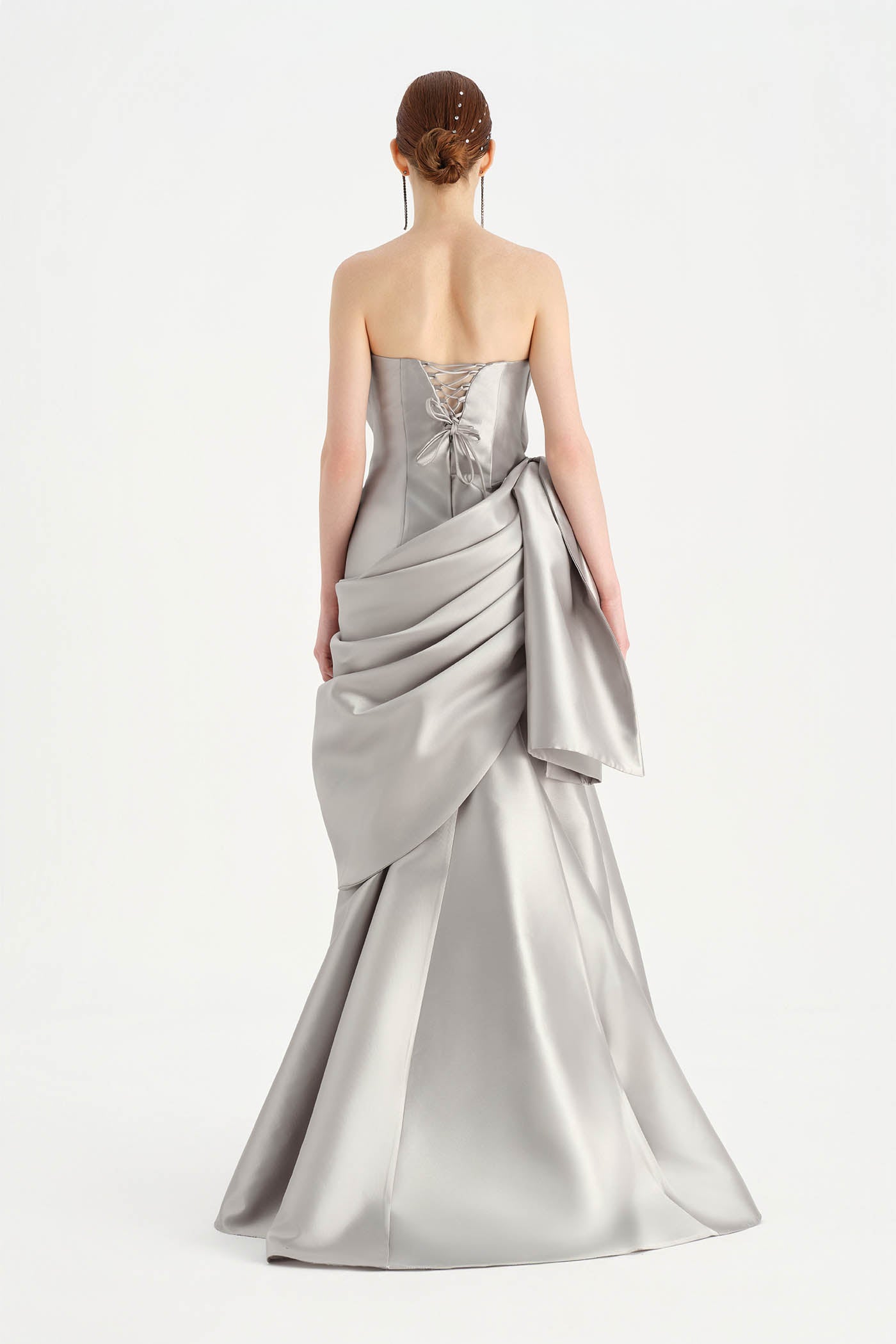 Waistband Bow-Detailed Pleated Draped Taffeta Evening Dress - 26085C