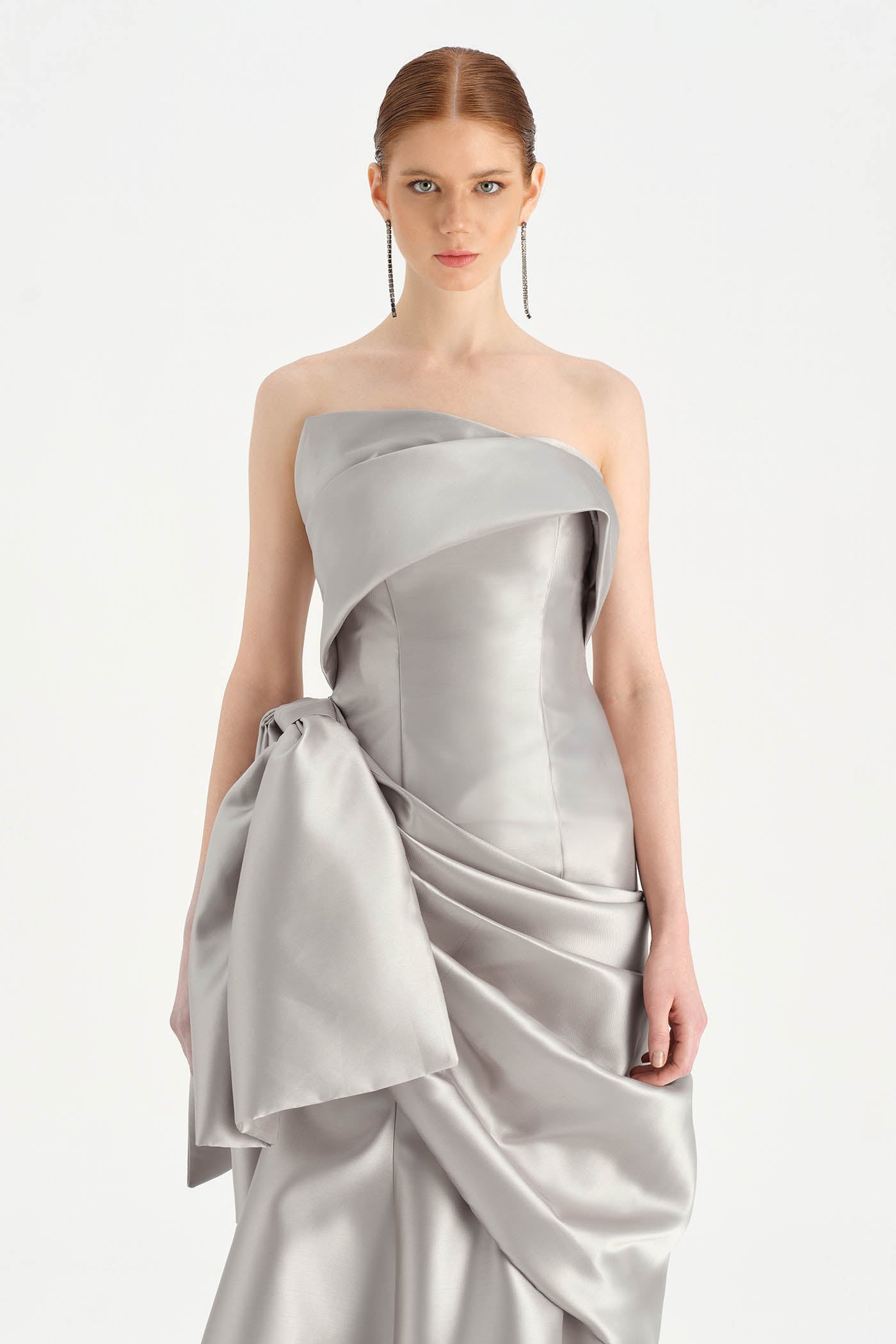 Waistband Bow-Detailed Pleated Draped Taffeta Evening Dress - 26085C