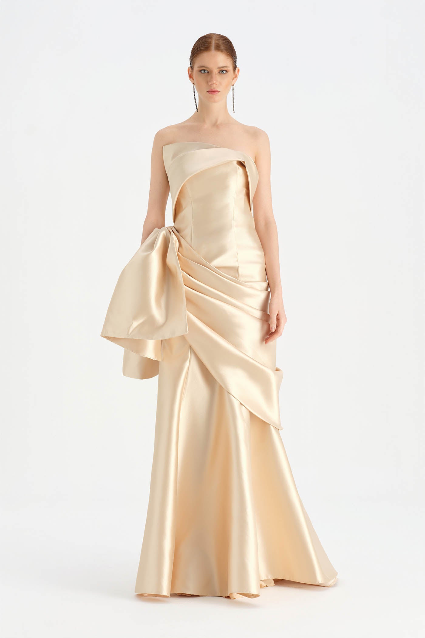 Waistband Bow-Detailed Pleated Draped Taffeta Evening Dress - 26085C