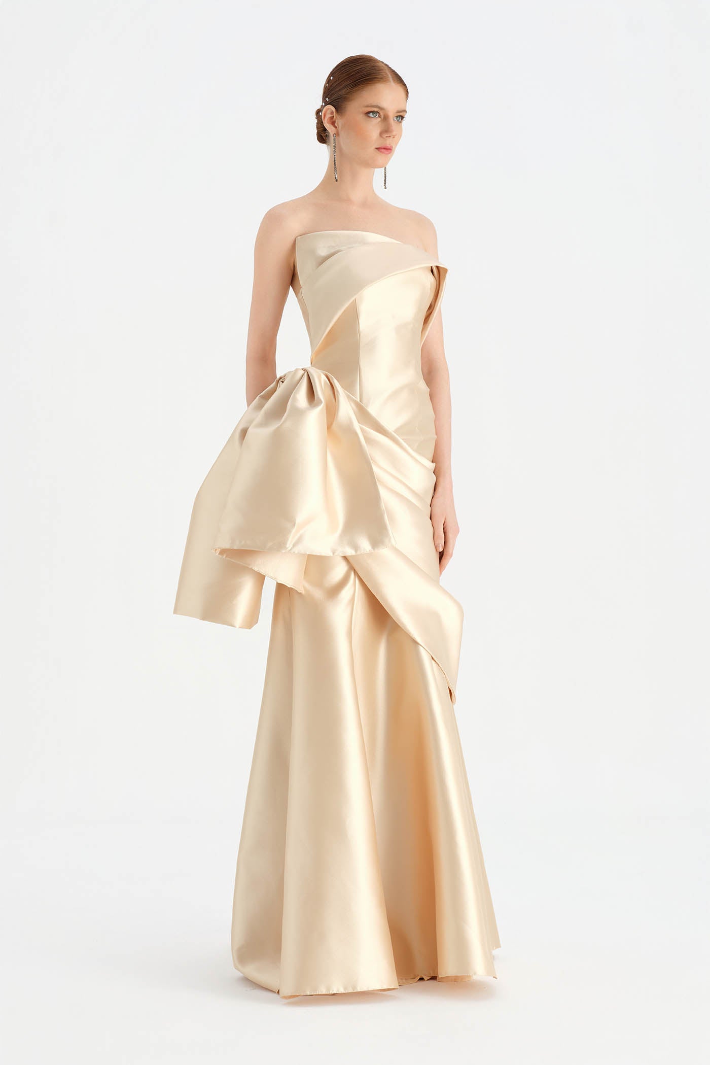 Waistband Bow-Detailed Pleated Draped Taffeta Evening Dress - 26085C