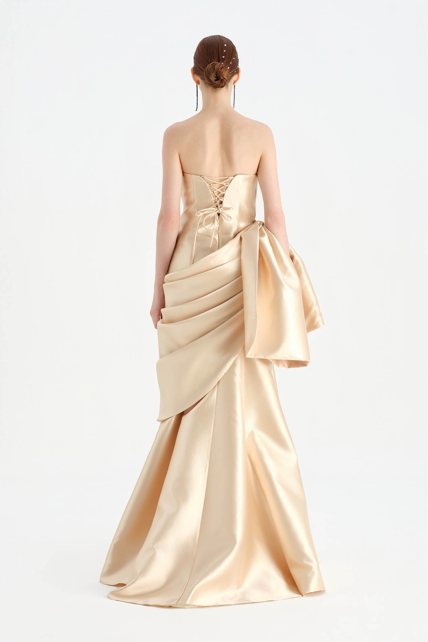 Waistband Bow-Detailed Pleated Draped Taffeta Evening Dress - 26085C