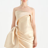 Waistband Bow-Detailed Pleated Draped Taffeta Evening Dress - 26085C