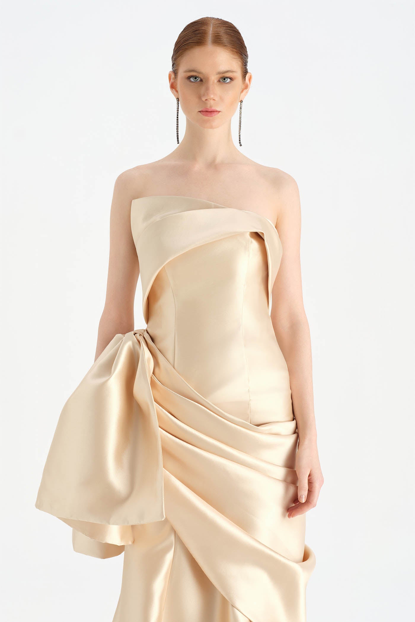 Waistband Bow-Detailed Pleated Draped Taffeta Evening Dress - 26085C