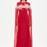 Round Neck, Long Sleeve Chiffon, Floral Detail Evening Dress - 26183C