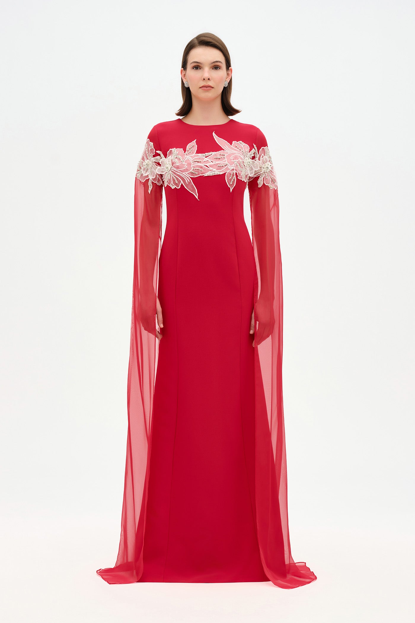 Round Neck, Long Sleeve Chiffon, Floral Detail Evening Dress - 26183C