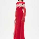 Round Neck, Long Sleeve Chiffon, Floral Detail Evening Dress - 26183C