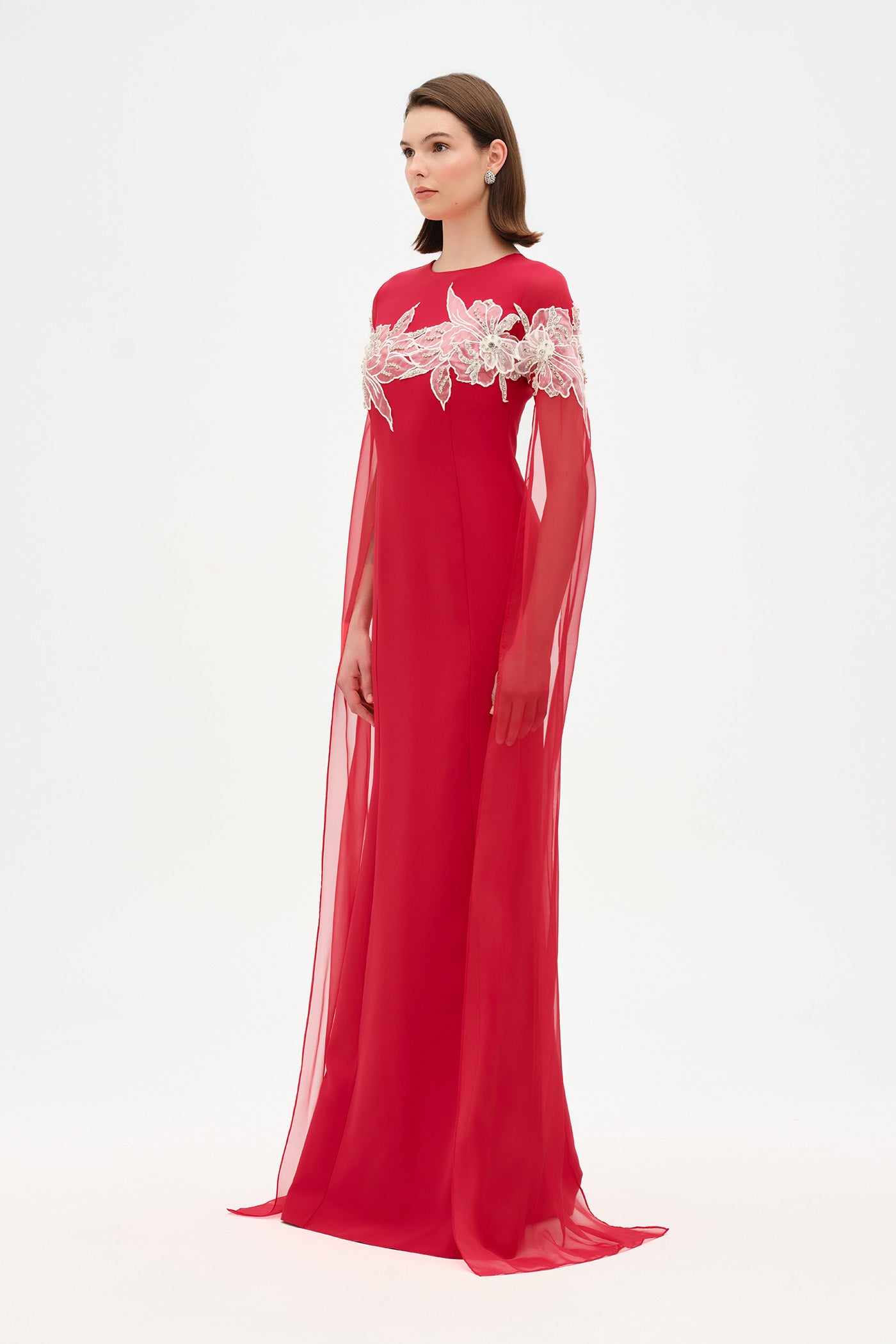 Round Neck, Long Sleeve Chiffon, Floral Detail Evening Dress - 26183C