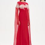 Round Neck, Long Sleeve Chiffon, Floral Detail Evening Dress - 26183C