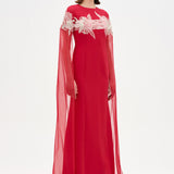 Round Neck, Long Sleeve Chiffon, Floral Detail Evening Dress - 26183C