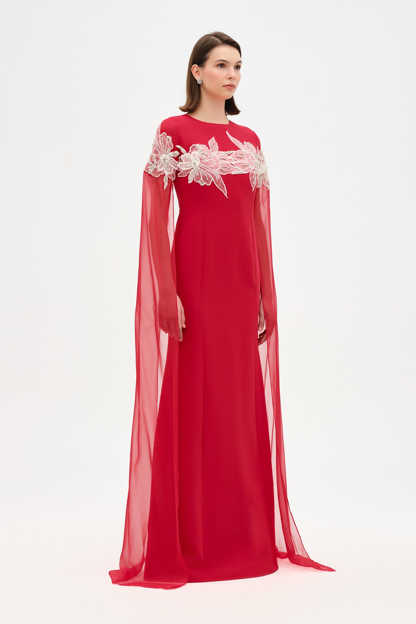 Round Neck, Long Sleeve Chiffon, Floral Detail Evening Dress - 26183C