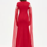 Round Neck, Long Sleeve Chiffon, Floral Detail Evening Dress - 26183C
