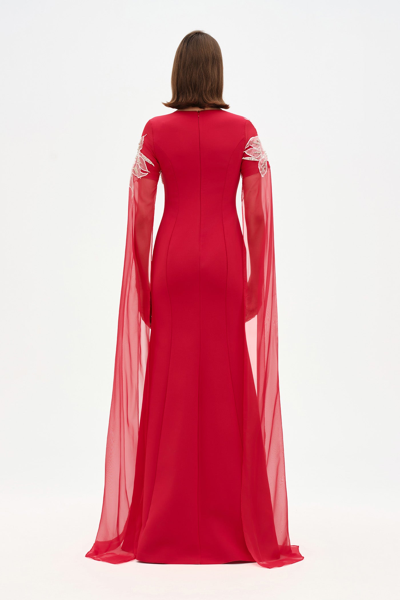 Round Neck, Long Sleeve Chiffon, Floral Detail Evening Dress - 26183C