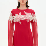 Round Neck, Long Sleeve Chiffon, Floral Detail Evening Dress - 26183C