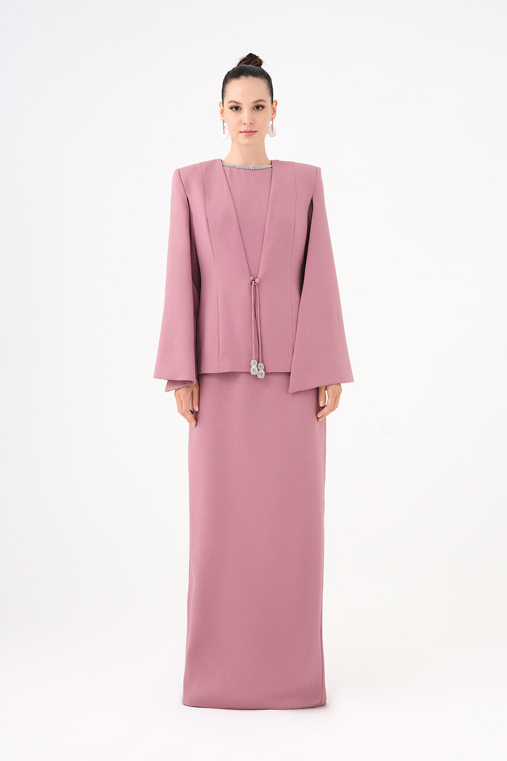 Taş İşleme Detaylı Tesettür Abiye Elbise & Ceket Takım Açık Bej