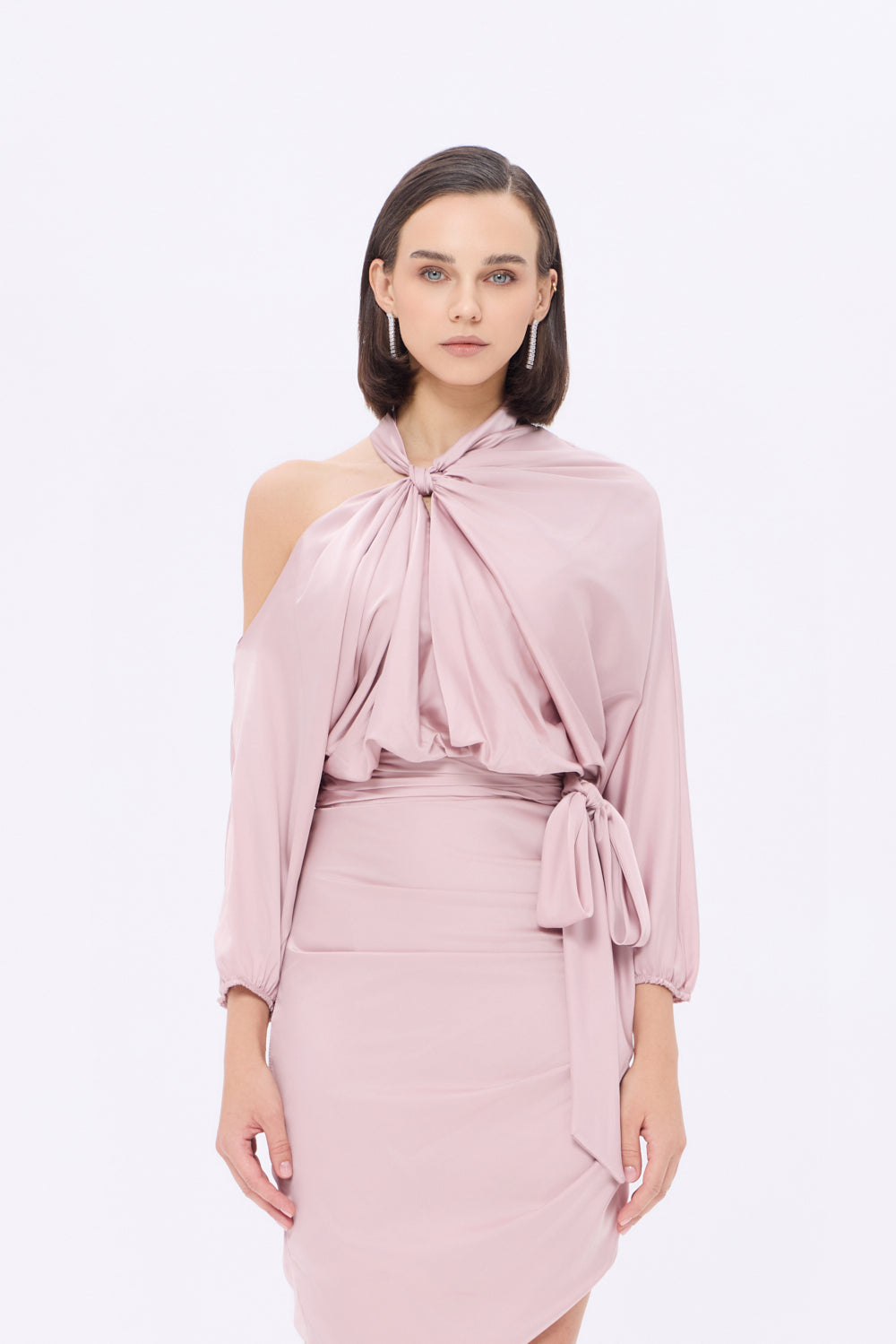 Bateau Neck Detailed Short Evening Dress with Bow - 2202