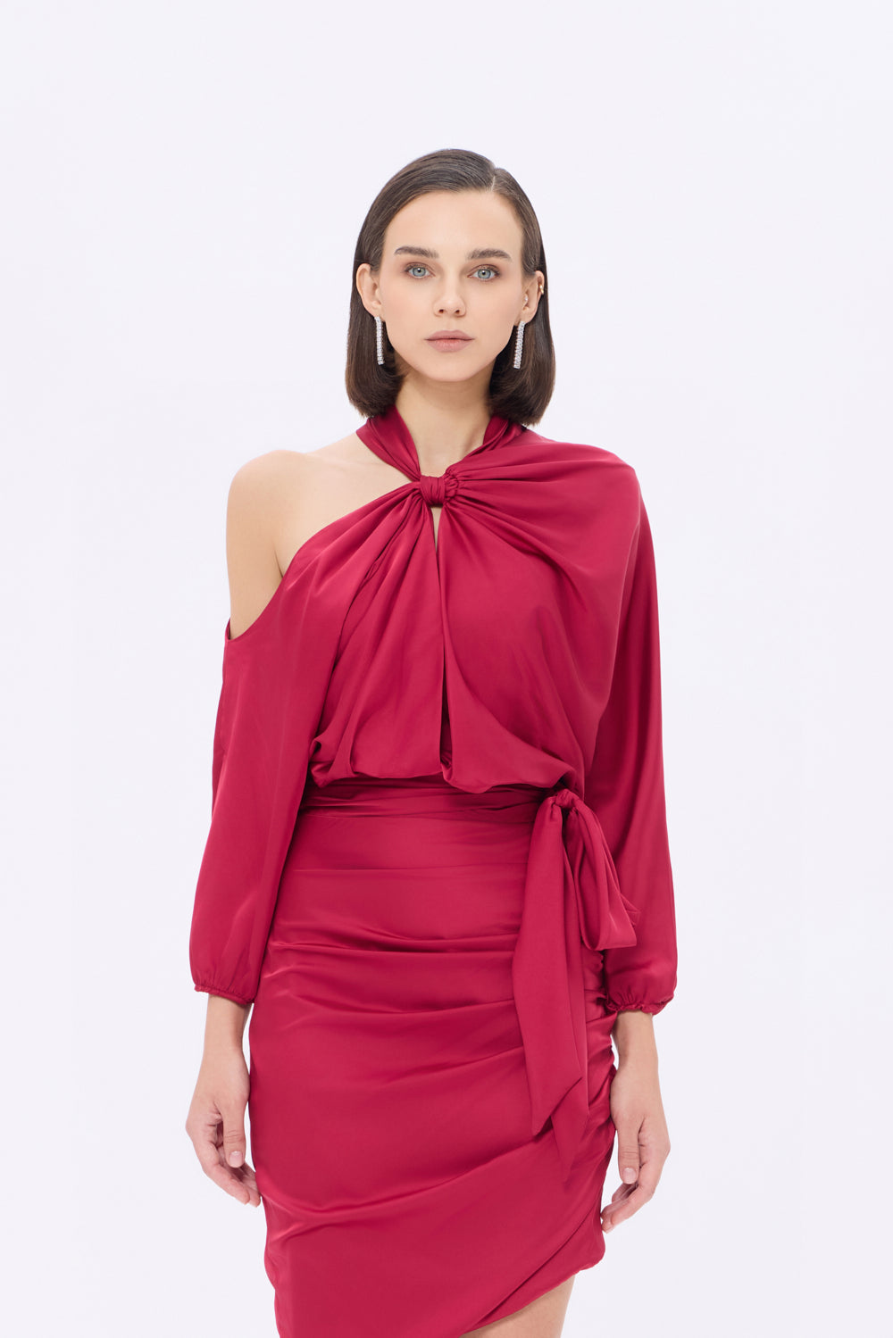 Bateau Neck Detailed Short Evening Dress with Bow - 2202