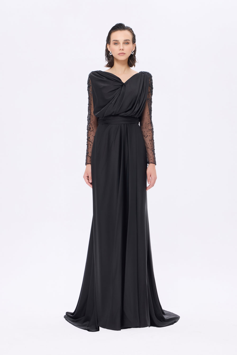 Bust Draped Long Embroidered Fabric Sleeve Evening Dress - 2065