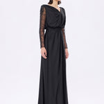Bust Draped Long Embroidered Fabric Sleeve Evening Dress - 2065