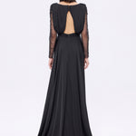 Bust Draped Long Embroidered Fabric Sleeve Evening Dress - 2065