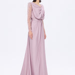 Bust Draped Long Embroidered Fabric Sleeve Evening Dress - 2065