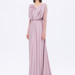 Bust Draped Long Embroidered Fabric Sleeve Evening Dress - 2065
