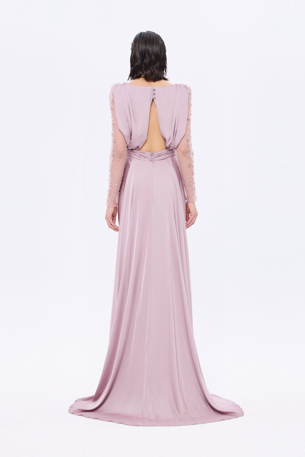 Bust Draped Long Embroidered Fabric Sleeve Evening Dress - 2065