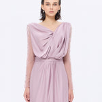 Bust Draped Long Embroidered Fabric Sleeve Evening Dress - 2065