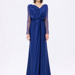 Bust Draped Long Embroidered Fabric Sleeve Evening Dress - 2065