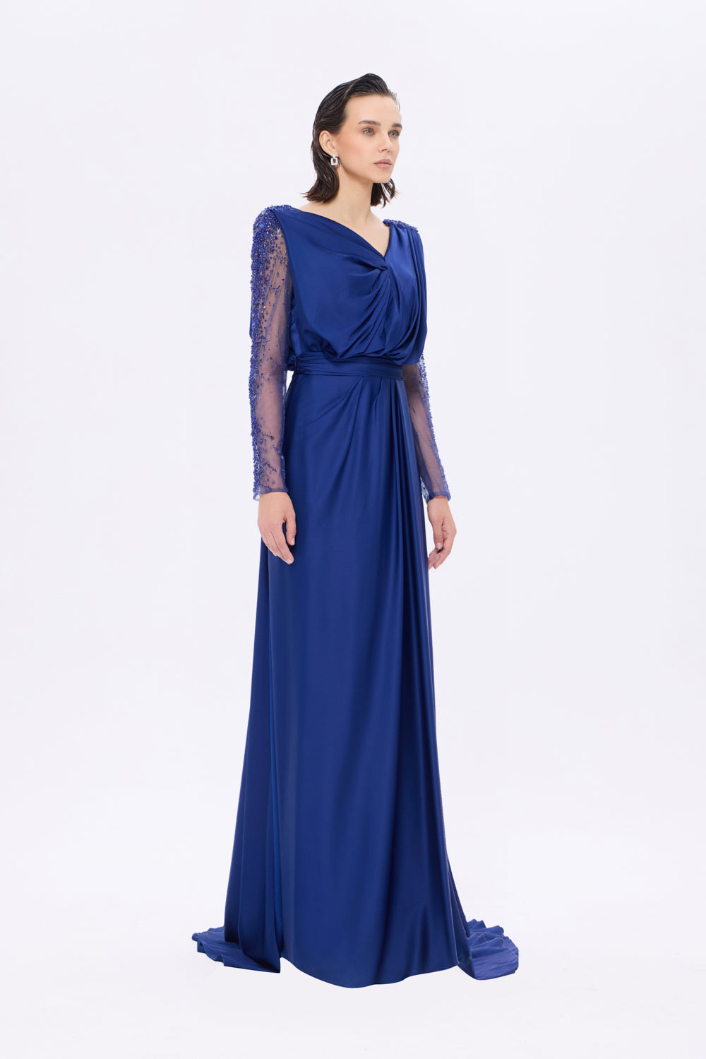 Bust Draped Long Embroidered Fabric Sleeve Evening Dress - 2065