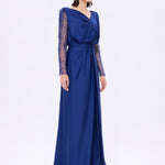 Bust Draped Long Embroidered Fabric Sleeve Evening Dress - 2065