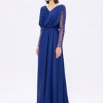 Bust Draped Long Embroidered Fabric Sleeve Evening Dress - 2065