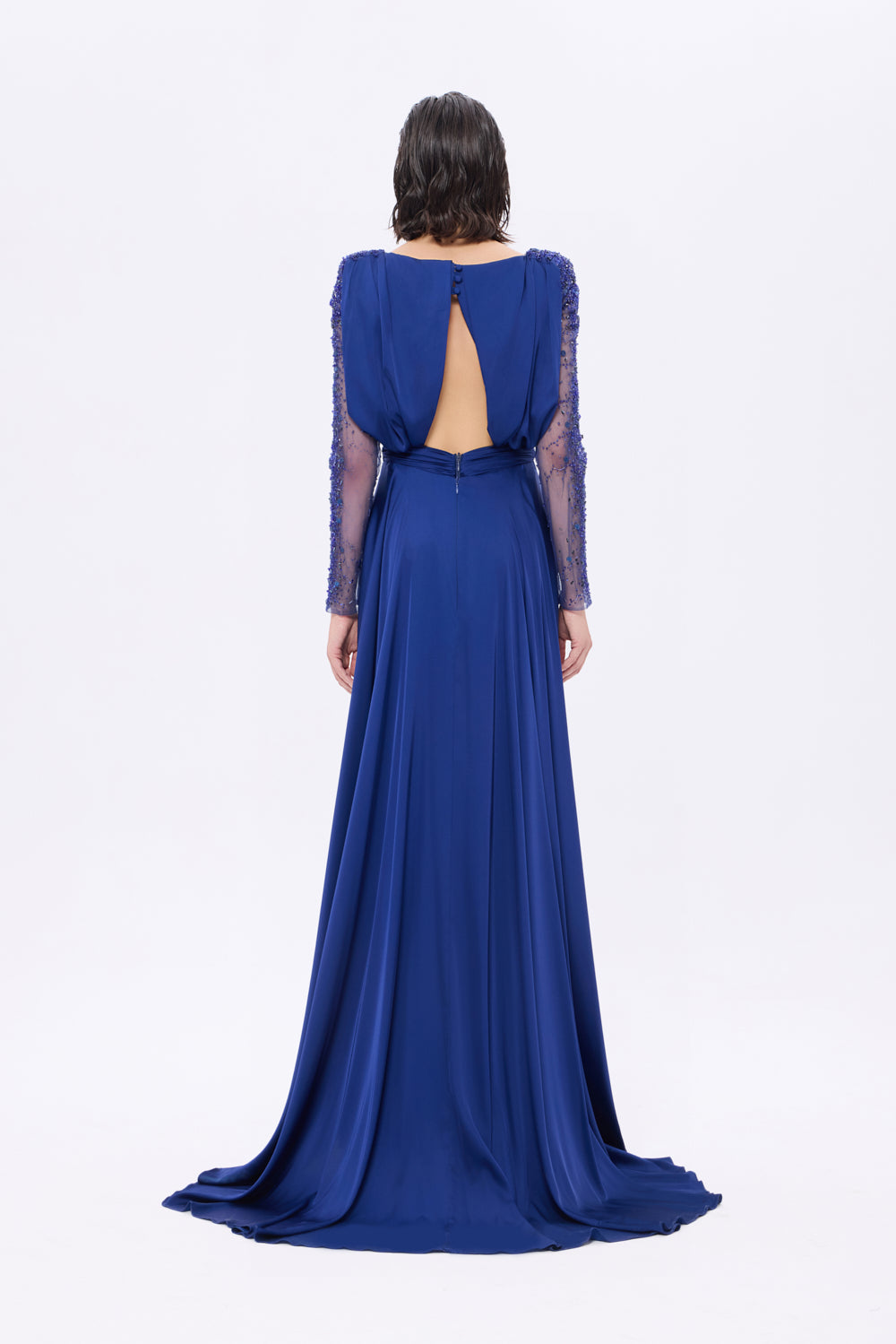 Bust Draped Long Embroidered Fabric Sleeve Evening Dress - 2065