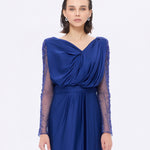 Bust Draped Long Embroidered Fabric Sleeve Evening Dress - 2065