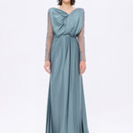 Bust Draped Long Embroidered Fabric Sleeve Evening Dress - 2065