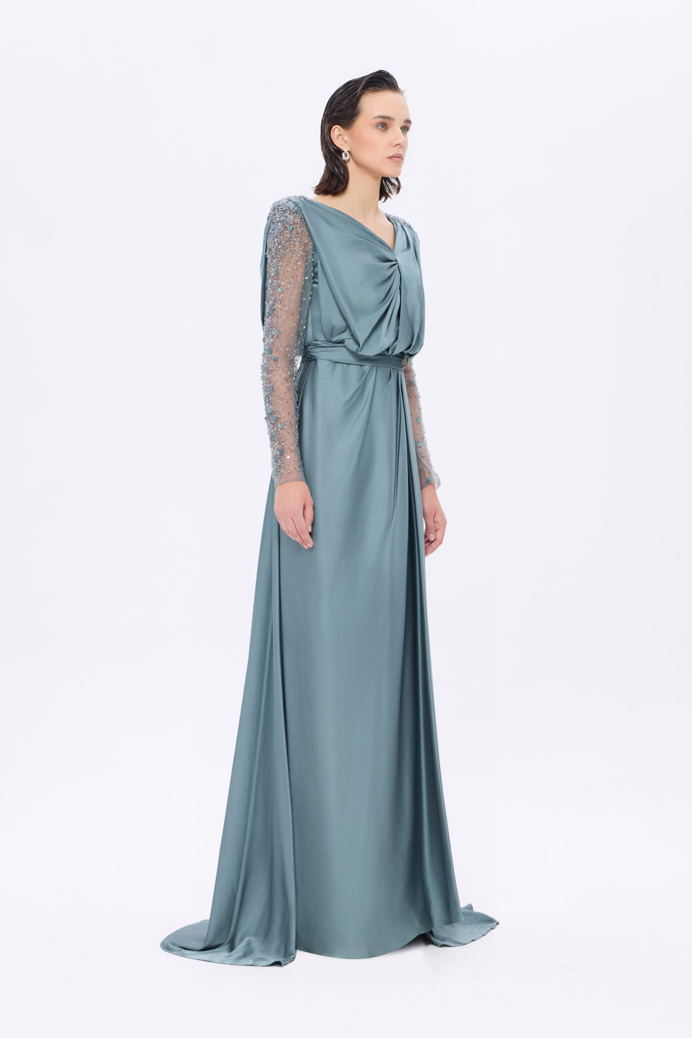 Bust Draped Long Embroidered Fabric Sleeve Evening Dress - 2065