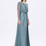 Bust Draped Long Embroidered Fabric Sleeve Evening Dress - 2065