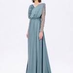 Bust Draped Long Embroidered Fabric Sleeve Evening Dress - 2065
