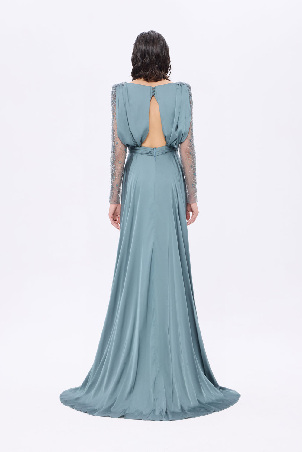 Bust Draped Long Embroidered Fabric Sleeve Evening Dress - 2065