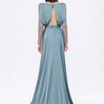 Bust Draped Long Embroidered Fabric Sleeve Evening Dress - 2065
