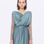 Bust Draped Long Embroidered Fabric Sleeve Evening Dress - 2065