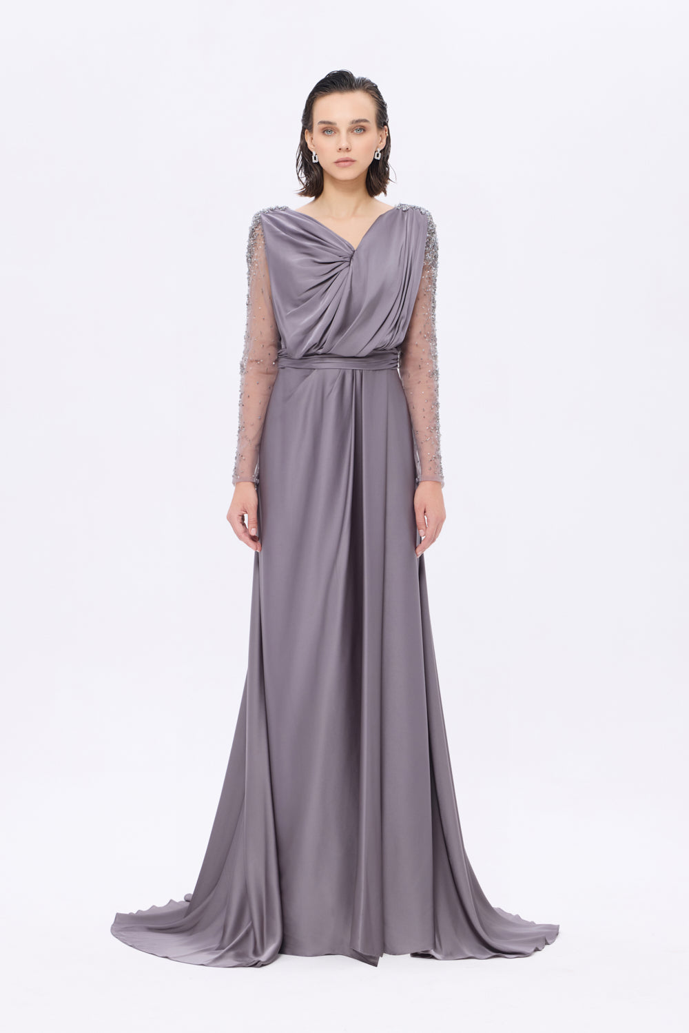 Bust Draped Long Embroidered Fabric Sleeve Evening Dress - 2065