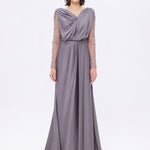 Bust Draped Long Embroidered Fabric Sleeve Evening Dress - 2065