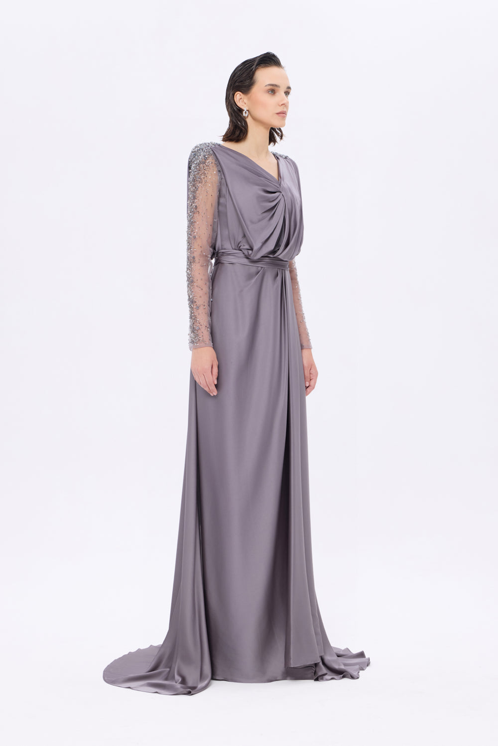 Bust Draped Long Embroidered Fabric Sleeve Evening Dress - 2065