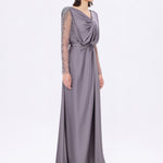 Bust Draped Long Embroidered Fabric Sleeve Evening Dress - 2065