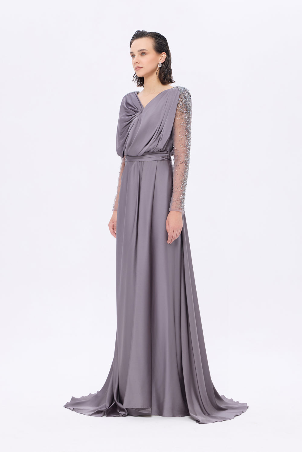 Bust Draped Long Embroidered Fabric Sleeve Evening Dress - 2065