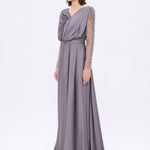 Bust Draped Long Embroidered Fabric Sleeve Evening Dress - 2065