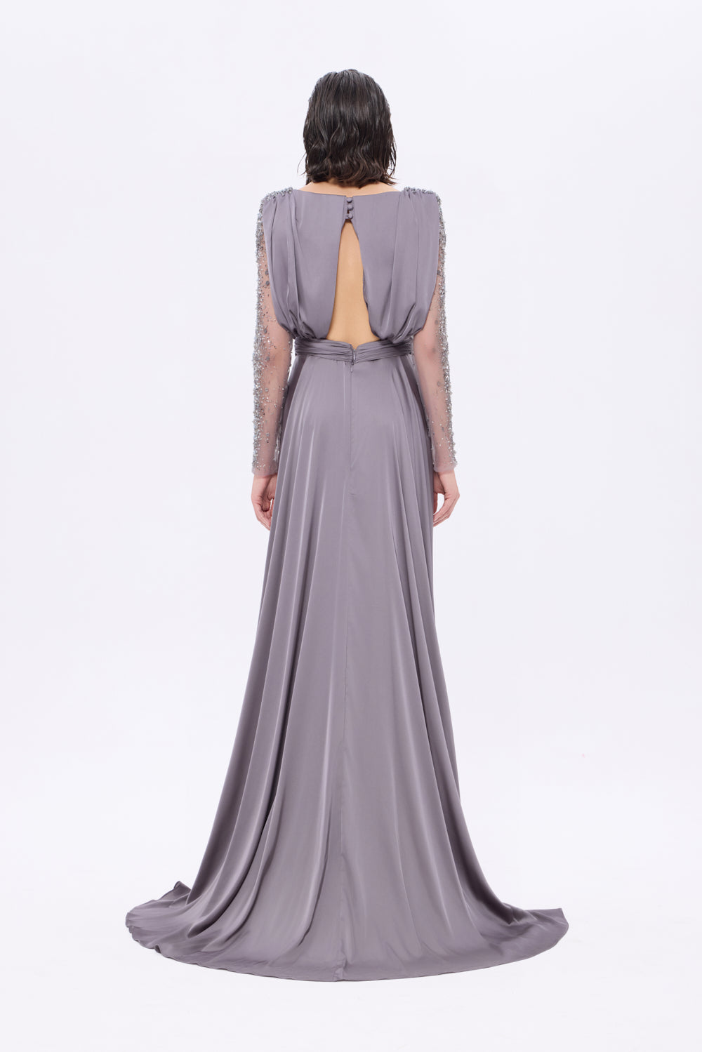 Bust Draped Long Embroidered Fabric Sleeve Evening Dress - 2065
