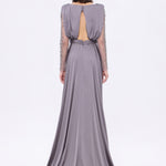 Bust Draped Long Embroidered Fabric Sleeve Evening Dress - 2065