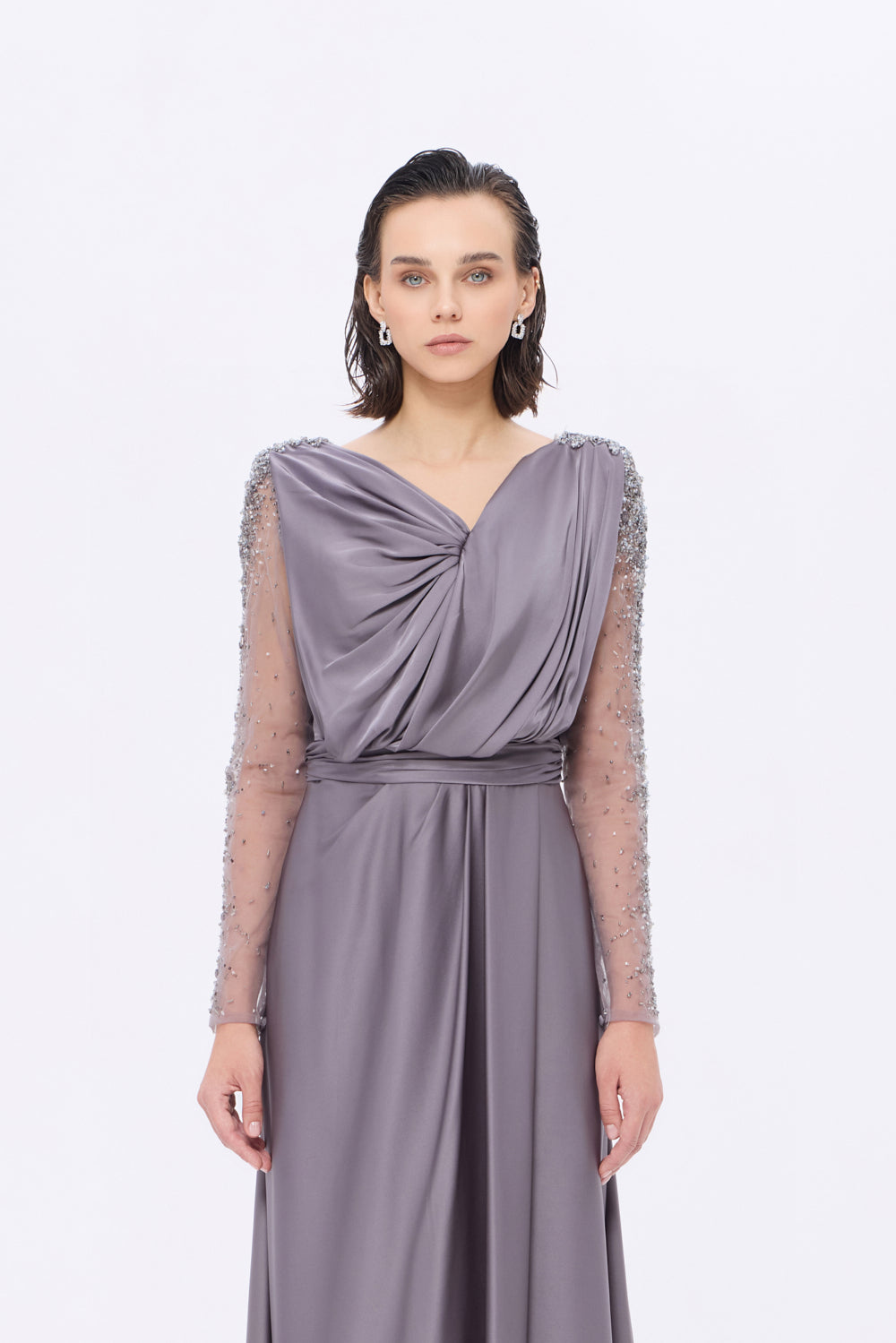 Bust Draped Long Embroidered Fabric Sleeve Evening Dress - 2065
